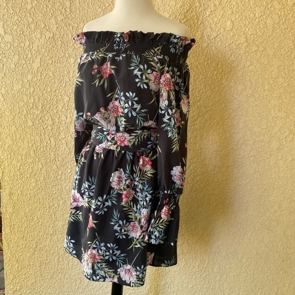 Intermix Black Floral Print Off the Shoulder Belted Mini Dress Size M - Picture 6 of 11